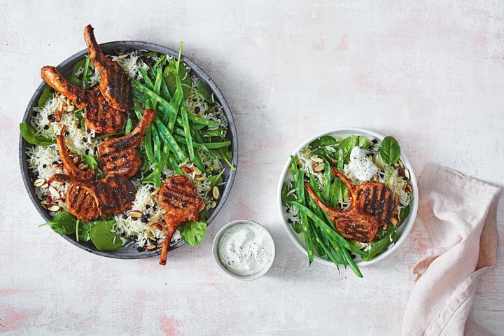 barbecued tandoori lamb cutlets with coconut rice image