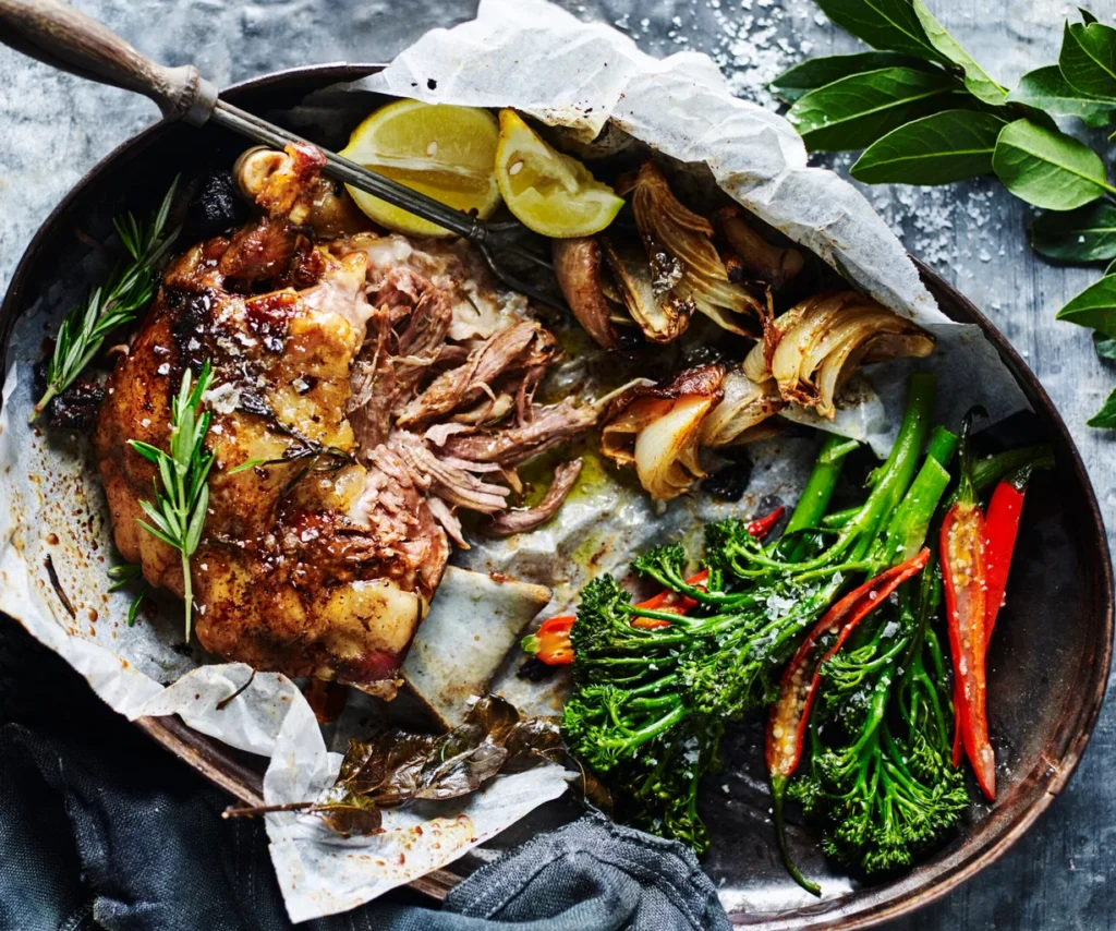 slow cooked greek lamb with chilli garlic broccolini image