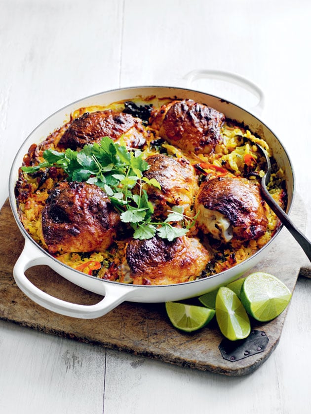 baked red chicken curry and coconut dhal