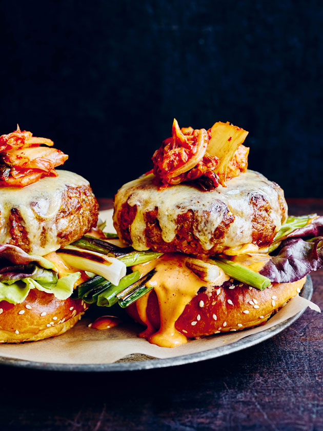 beef and kimchi burger with spicy mayo