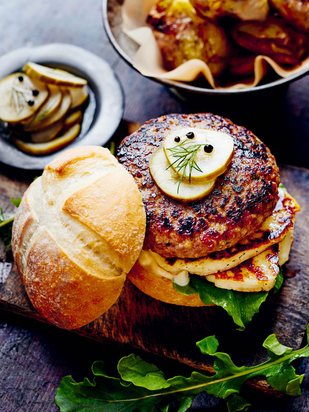 maple mustard lamb and haloumi burger